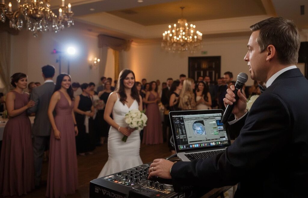DJ booth with lights and sound system at a wedding
