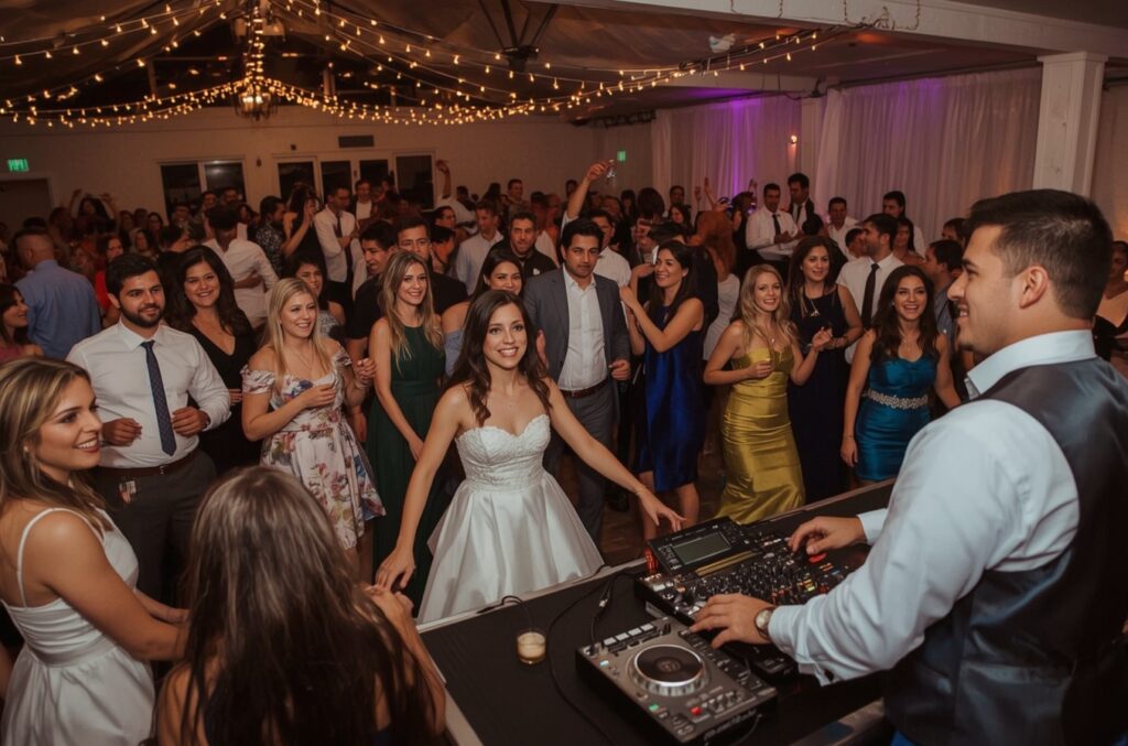 Guests dancing at a wedding with DJ music