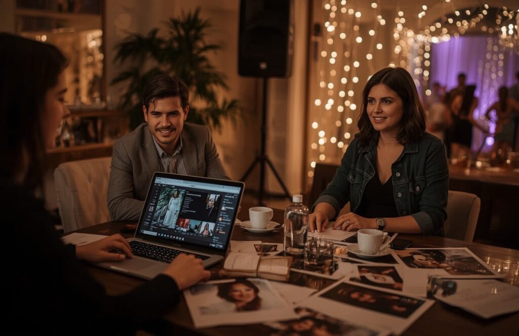 Couple discussing DJ options with a wedding planner