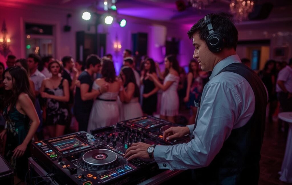 Party guests celebrating with music and dancing