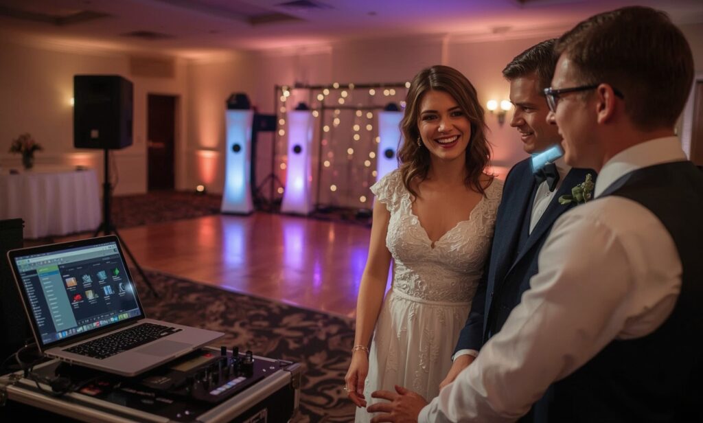 DJ booth setup with colorful lights at a wedding