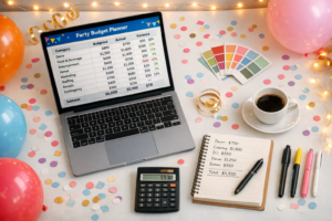 Party event budget planning spreadsheet with categories for decor