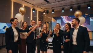 Corporate team celebrating a successful event